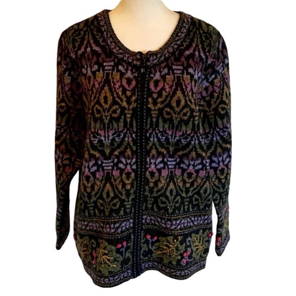 NorthStyle Women's Black and Purple Nordic Patterned Full Zip Cardigan. Size L.